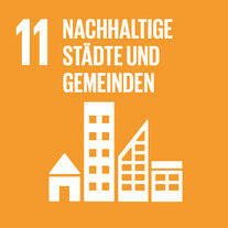 Helloranges Quadrat zum SDG 11. Darin Piktogramm von verschiedenen Häusern, übertitelt mit «11 Nachhaltige Städte und Gemeinden».