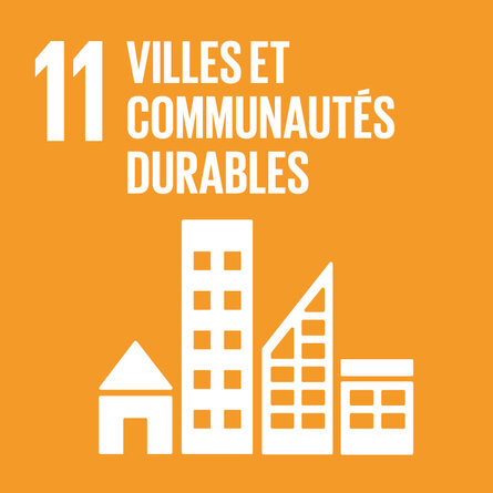 Carré orange clair pour l'ODD 11. Pictogramme représentant différents bâtiments, avec le titre « 11 Villes et communautés durables ».