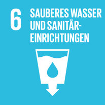 Blaues Quadrat zum SDG 6. Darin Piktogramm eines Tropfens vor einem vollen Eimer, übertitelt mit «6 Sauberes Wasser und Sanitärversorgung».
