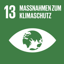 Grünes Quadrat zum SDG 13. Darin Piktogramm eines Auges, mit der Erde im Zentrum, übertitelt mit «13 Massnahmen zum Klimaschutz».