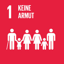 Rotes Quadrat zum SDG 1. Darin Piktogramm von Erwachsenen und Kindern, übertitelt mit «1 Keine Armut».