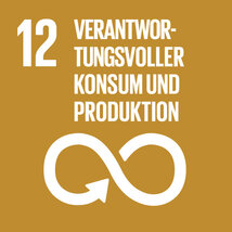 Ockerfarbenes Quadrat zum SDG 12. Darin Piktogramm des Unendlichkeitszeichens, kombiniert mit Pfeil für Recycling, übertitelt mit «12 Verantwortungsvoller Konsum und Produktion».