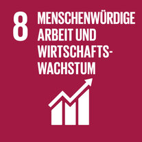 Weinrotes Quadrat zum SDG 8. Darin Piktogramm eines gezackten Aufwärtspfeils, übertitelt mit «8 Menschenwürdige Arbeit und Wirtschaftswachstum».