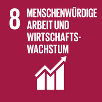 Weinrotes Quadrat zum SDG 8. Darin Piktogramm eines gezackten Aufwärtspfeils, übertitelt mit «8 Menschenwürdige Arbeit und Wirtschaftswachstum».
