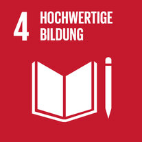 Weinrotes Quadrat zum SDG 4. Darin Piktogramm eines aufgeschlagenen Hefts mit Stift, übertitelt mit «4 Hochwertige Bildung».
