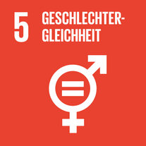 Rotes Quadrat zum SDG 5. Darin Piktogramm eines Kreises mit den Zeichen für Frau und Mann und dem Gleichzeichen in der Mitte, übertitelt mit «5 Geschlechtergleichheit»
