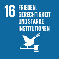 Blaues Quadrat zum SDG 16. Darin Piktogramm einer Friedenstaube auf einem Gerichtshammer, übertitelt mit «16 Frieden, Gerechtigkeit und starke Institutionen».