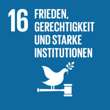 Blaues Quadrat zum SDG 16. Darin Piktogramm einer Friedenstaube auf einem Gerichtshammer, übertitelt mit «16 Frieden, Gerechtigkeit und starke Institutionen».