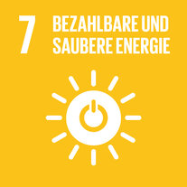 Gelbes Quadrat zum SDG 7. Darin Piktogramm einer Sonne mit «An/Aus»-Zeichen, übertitelt mit «7 Bezahlbare und saubere Energie». 