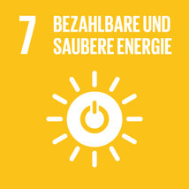 Gelbes Quadrat zum SDG 7. Darin Piktogramm einer Sonne mit «An/Aus»-Zeichen, übertitelt mit «7 Bezahlbare und saubere Energie». 