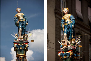 Die Brunnenfigur Justizia auf dem Gerechtigkeitsbrunnen, in 2 Ansichten.