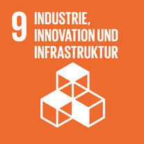 Oranges Quadrat zum SDG 9. Darin Piktogramm von vier quadratischen, teils aufeinander gestapelten, Bauklötzen, übertitelt mit «9 Industrie, Innovation und Infrastruktur».