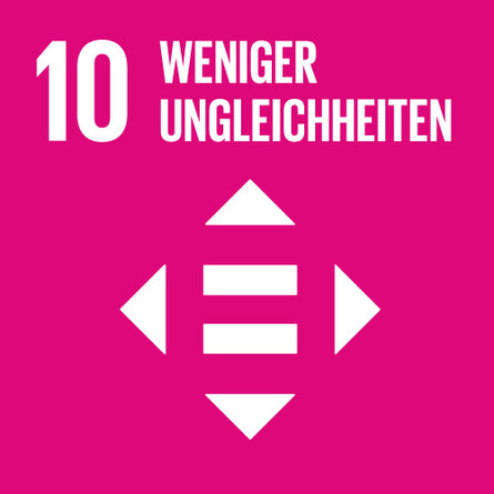 Pinkes Quadrat zum SDG 10. Darin Piktogramm eines Gleichzeichens umgeben von vier Dreiecken, übertitelt mit «10 Weniger Ungleichheiten».