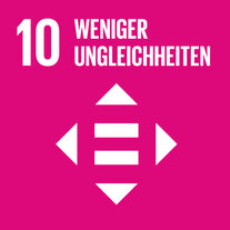 Pinkes Quadrat zum SDG 10. Darin Piktogramm eines Gleichzeichens umgeben von vier Dreiecken, übertitelt mit «10 Weniger Ungleichheiten».